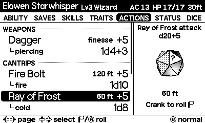Actions page with weapons and cantrips