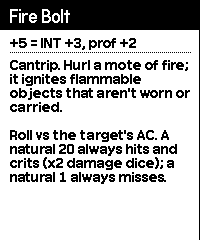 Pause card for Fire Bolt with its attack bonus breakdown