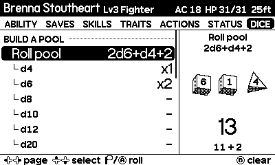 Dice page with a 2d6+d4+2 pool rolled for 13