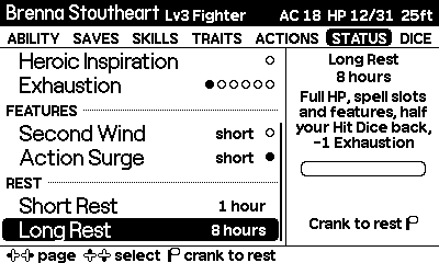 Cranking on Long Rest: the progress bar fills, drains when the crank stops, then fills to RESTED, HP returns to full and Exhaustion drops by one