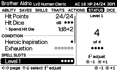 Status page tracking hit points, hit dice, Heroic Inspiration, Exhaustion and spell slots