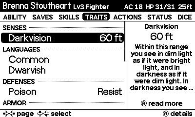 Traits page with Darkvision selected, plus languages and defenses